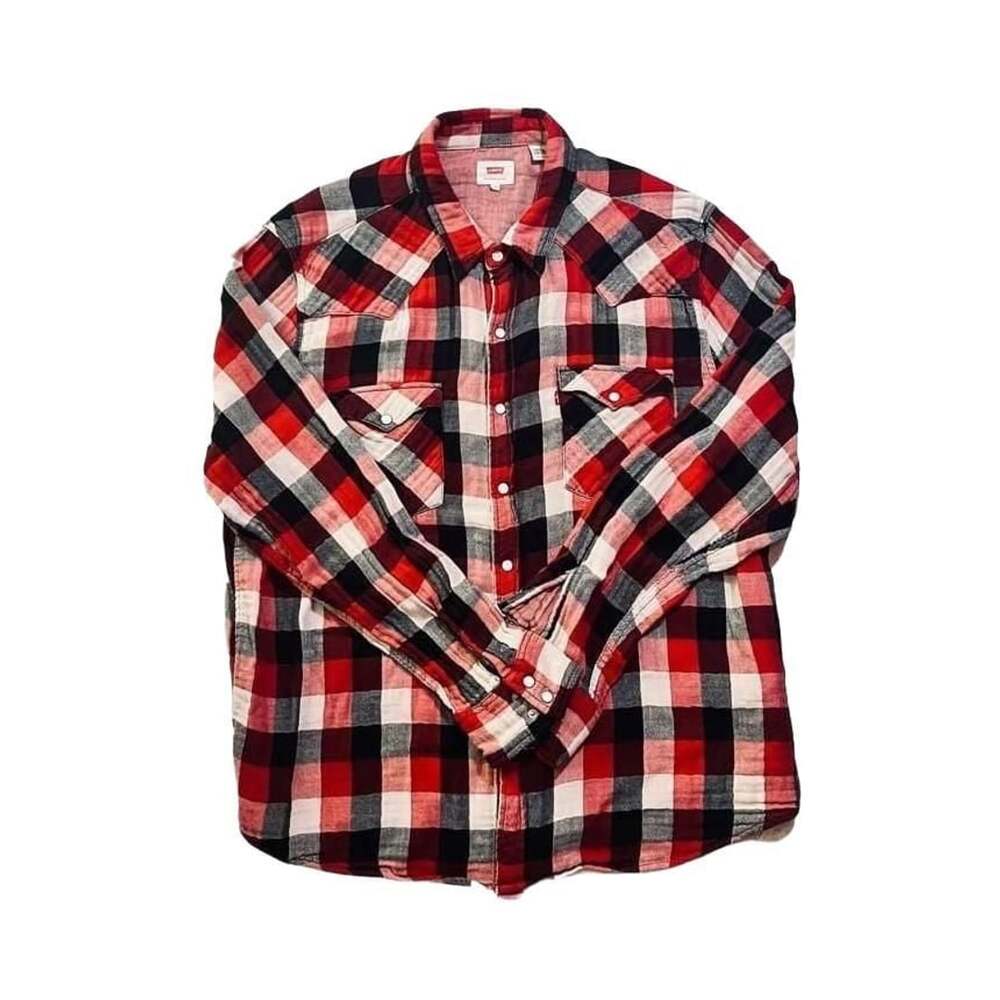 Levi's Red White and Black Plaid Western Pearl Snap Long Sleeve Shirt Men's XXL